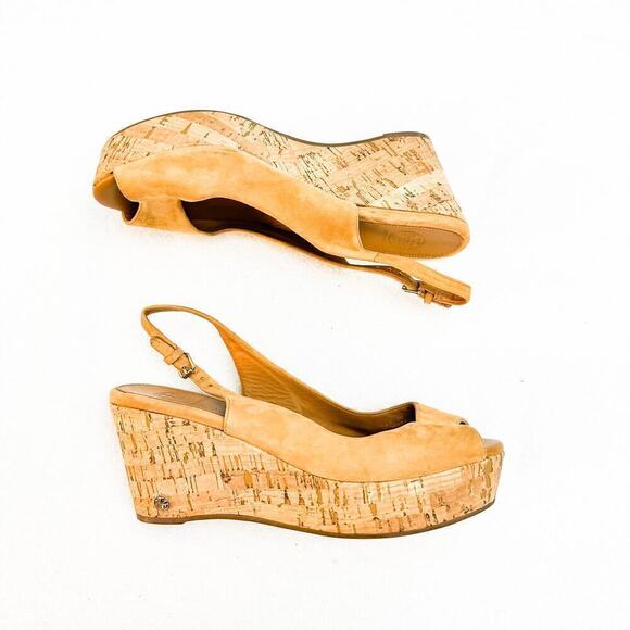 Tory Burch Tan Suede Peep Toe Wedge Slingback Sandals Size 8 - Picture 6 of 7